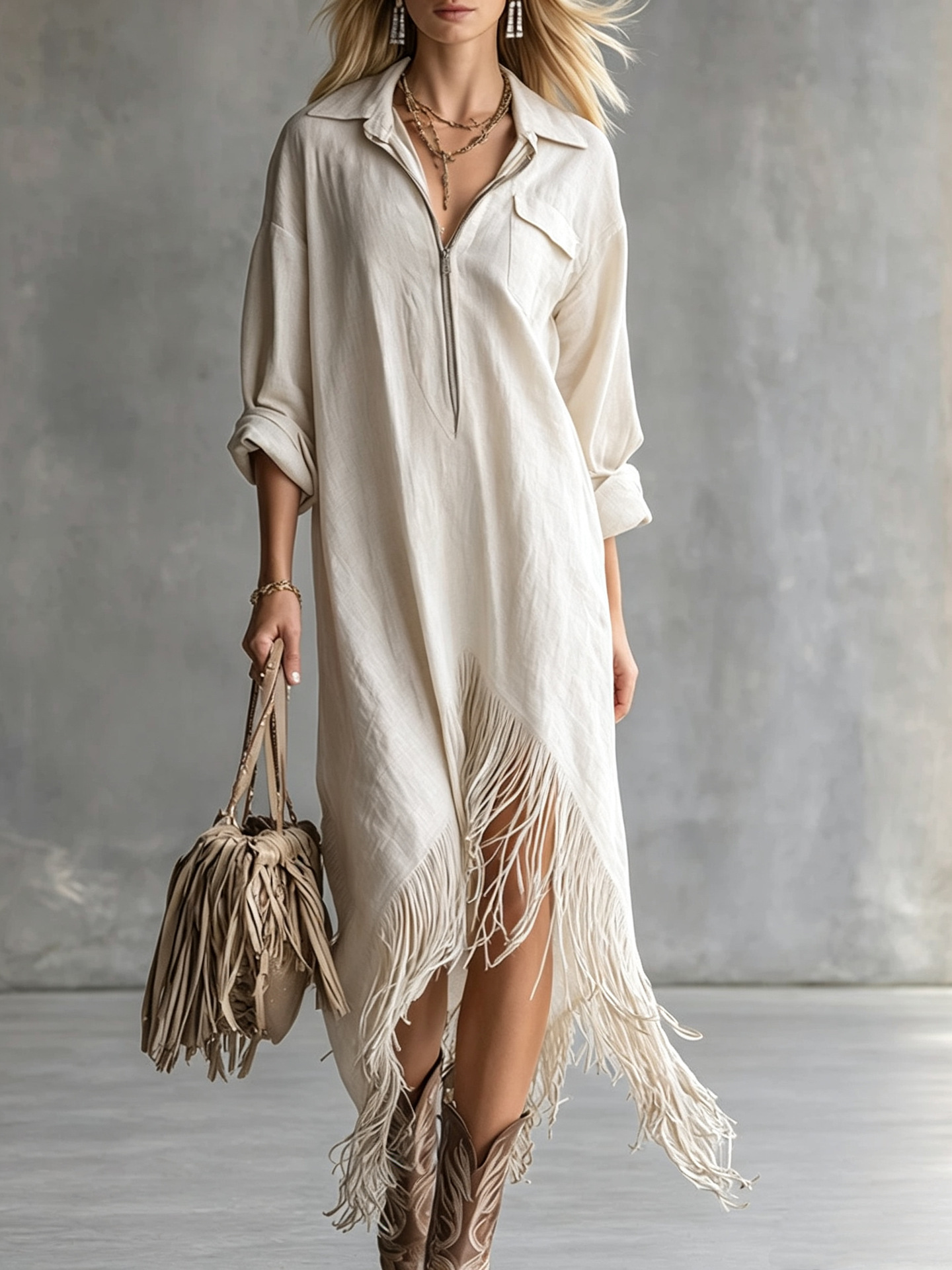 Bohemian Vintage Loose Irregular Hem Fringe Dress