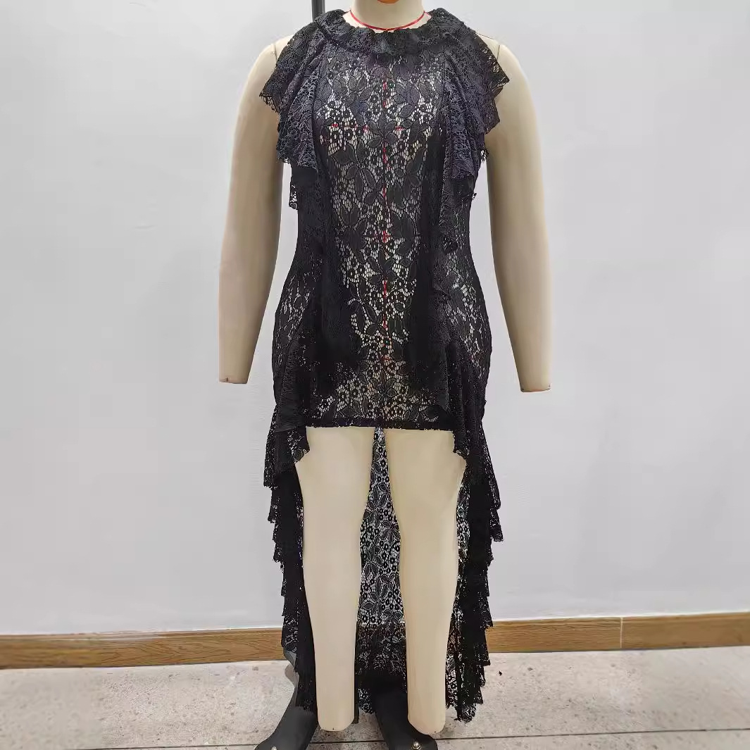 Plus Size Lace Sweep Train Dress Sleeveless Sheer Ruffled Collar Asymmetrical
