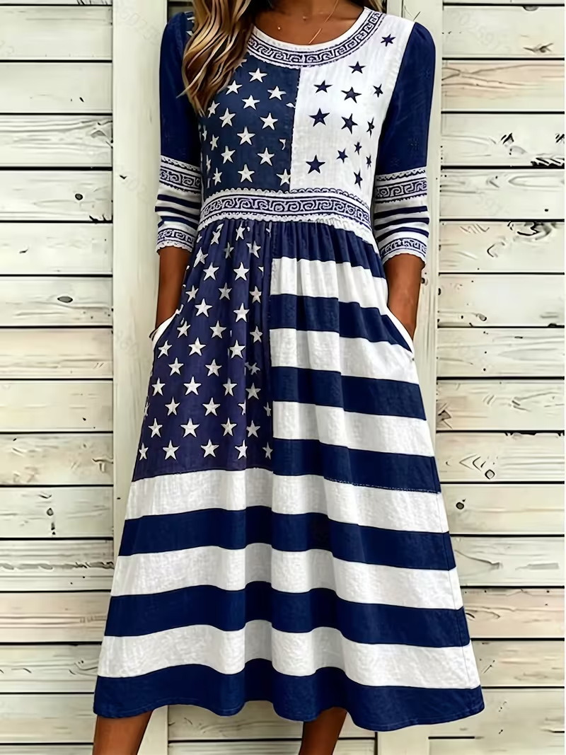 Women's Colorblock Plaid Star Print Ruched Midi Dress