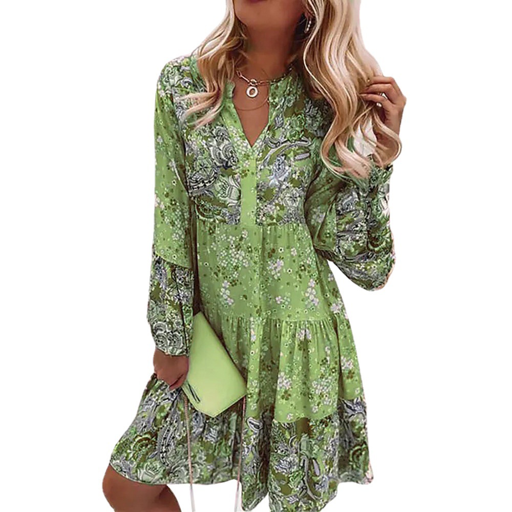 Women's V-Neck Long Sleeve Floral Print Maxi Dress Plus Size