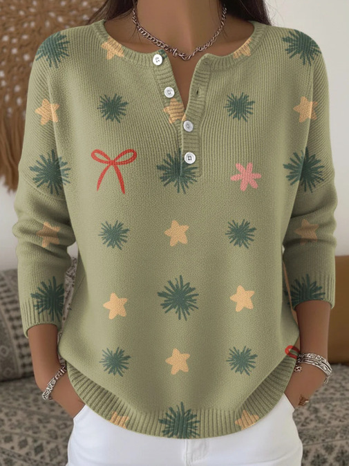Women's Christmas Tree Snowman Scarf Print Button Sweatshirt