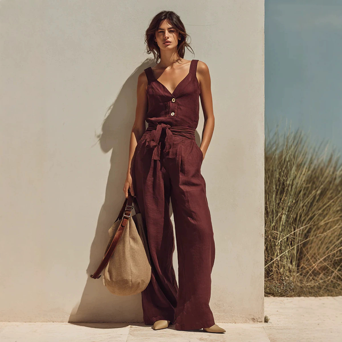 Women's Minimalist Sleeveless Cami Jumpsuit Burgundy