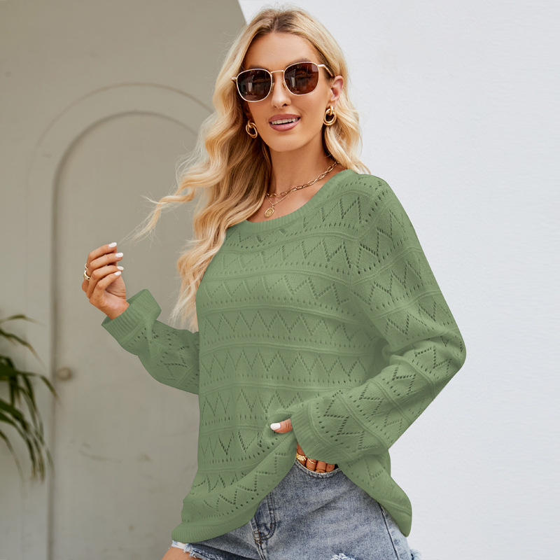Women's Openwork Knit Sweater Loose Crewneck Long Sleeve Top