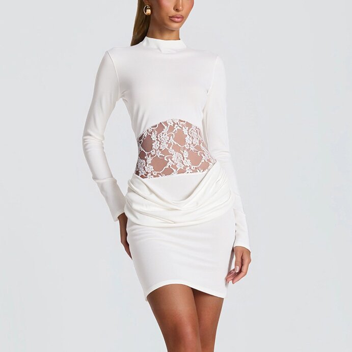 Lace Panel Bodycon Round Neck Long Sleeve Solid Mini Dress