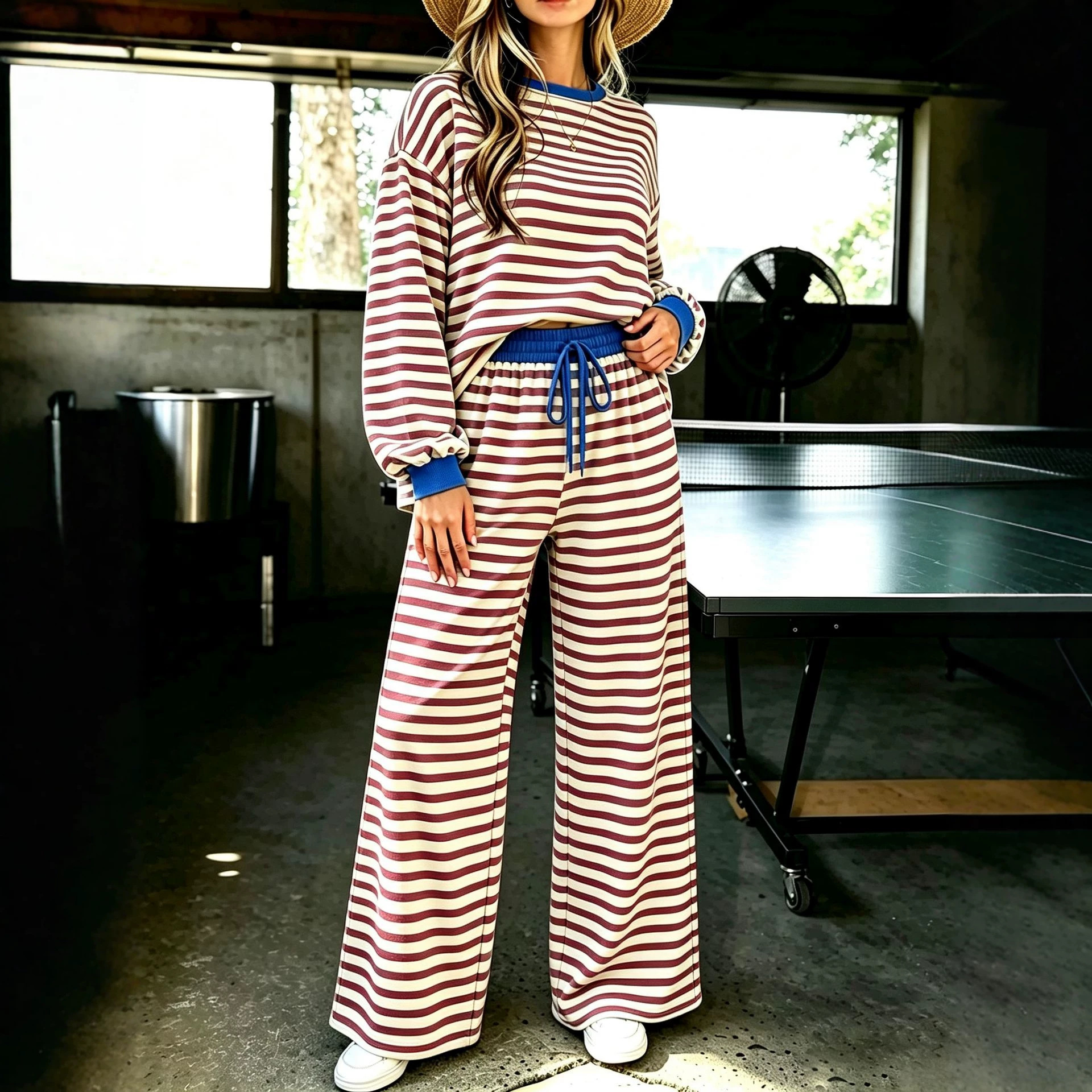 High-Waist Striped Wide-Leg Two-Piece Pants Set Women