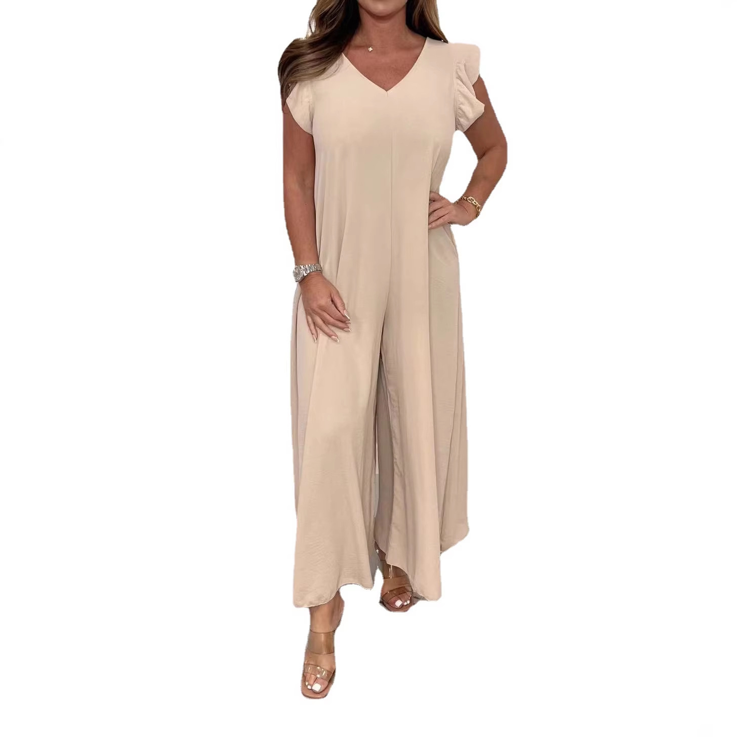 Women's Tie-Waist Ruffle Wide-Leg Jumpsuit Solid Casual