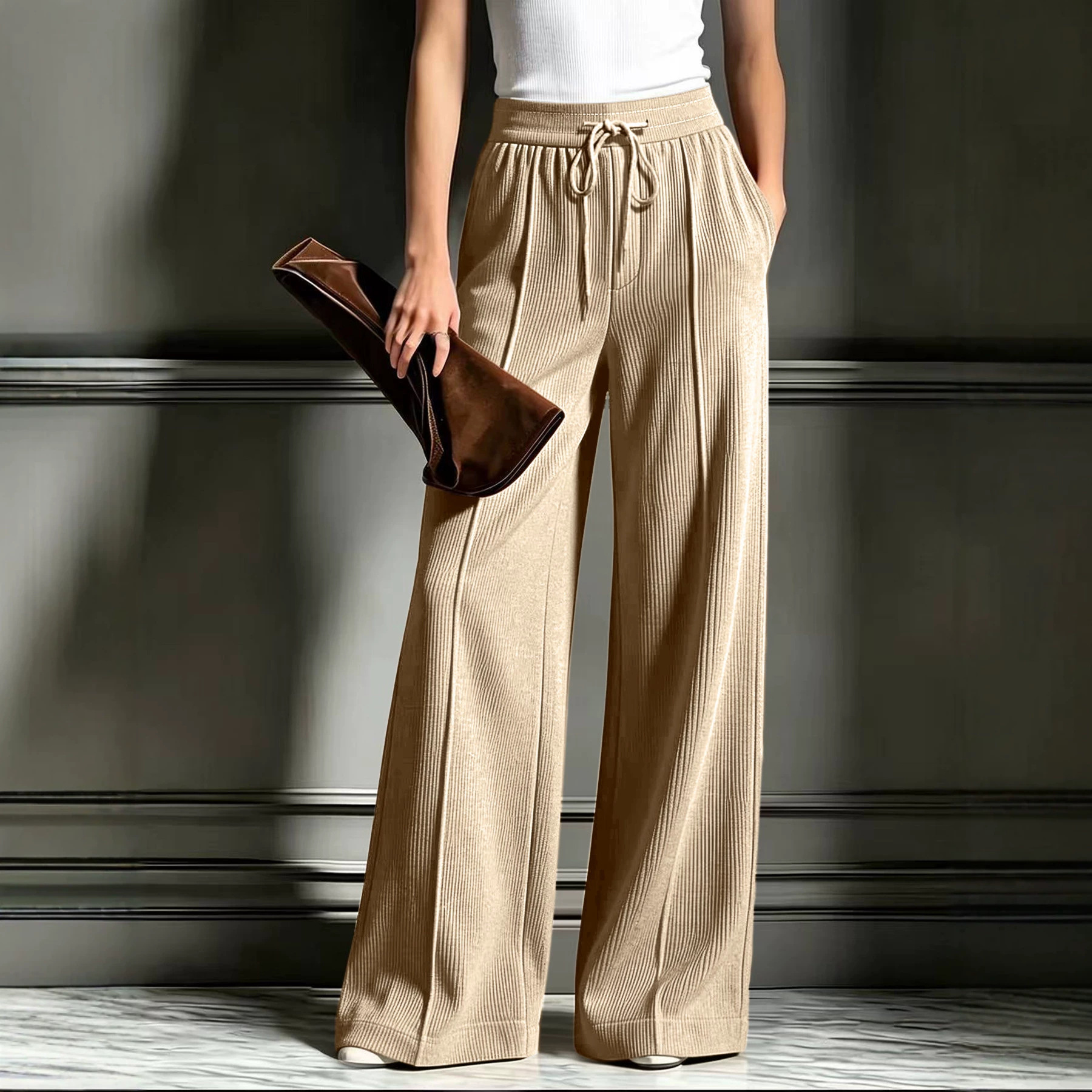 Ribbed Knit Wide-Leg Pants with Pockets