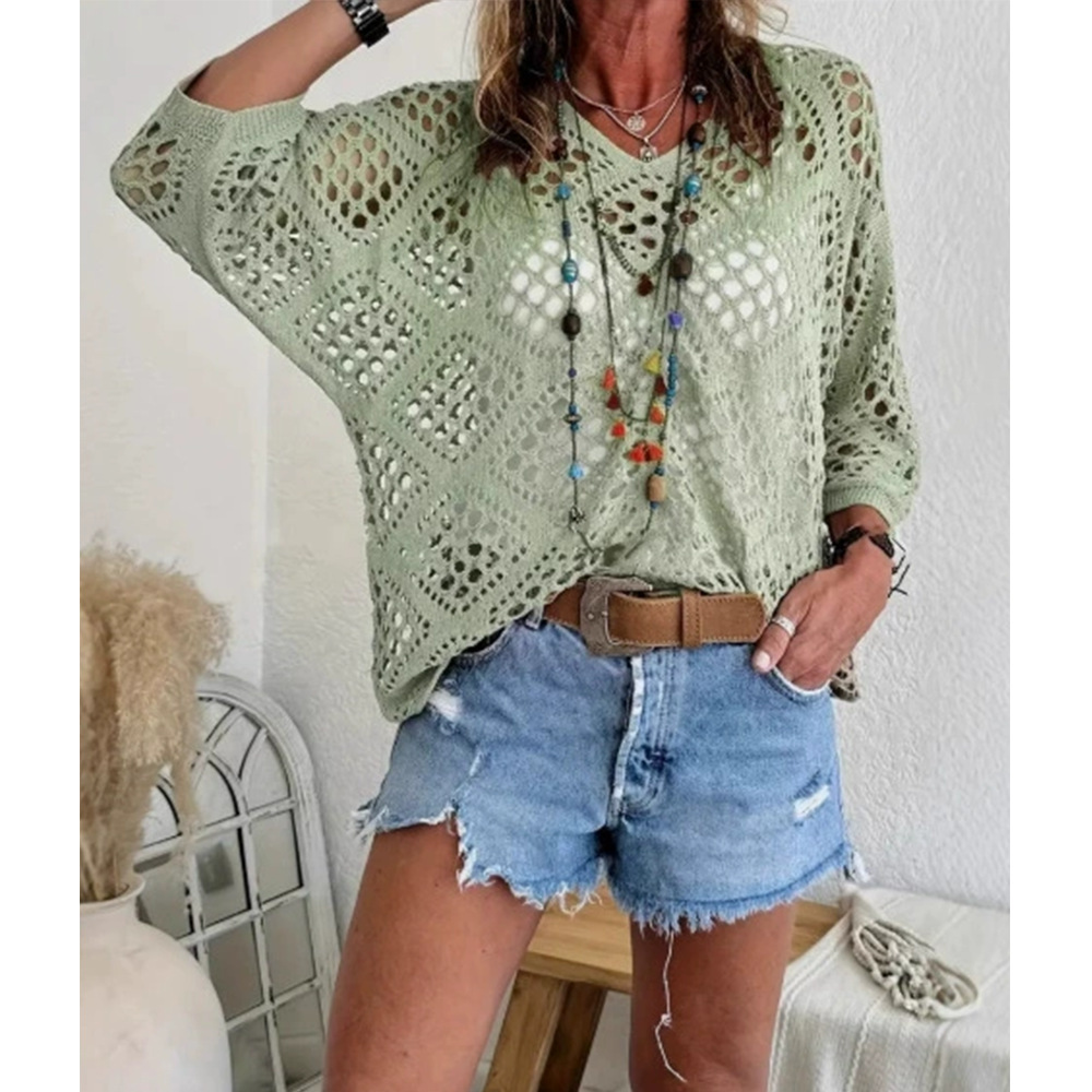V-Neck Diamond Openwork Batwing Sleeve Women's Knit Top