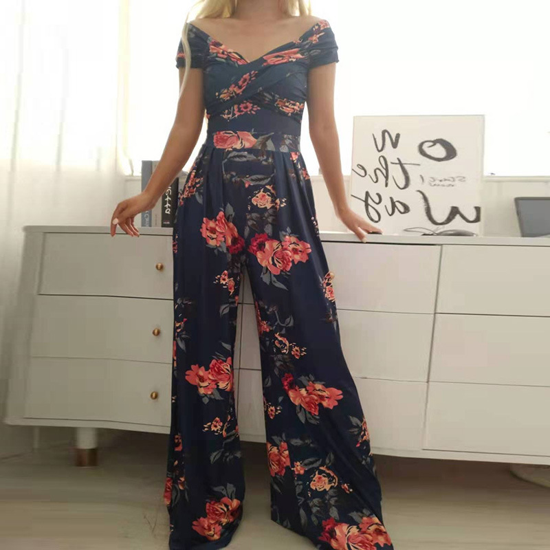 Women's Solid V-Neck Slim Waist Wide-Leg Jumpsuit