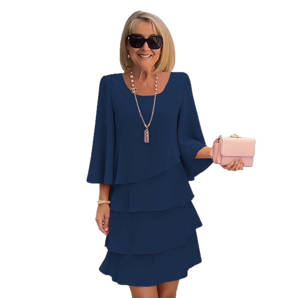 Women's Tiered Cake Dress Round Neck Loose Fit Midi Dress