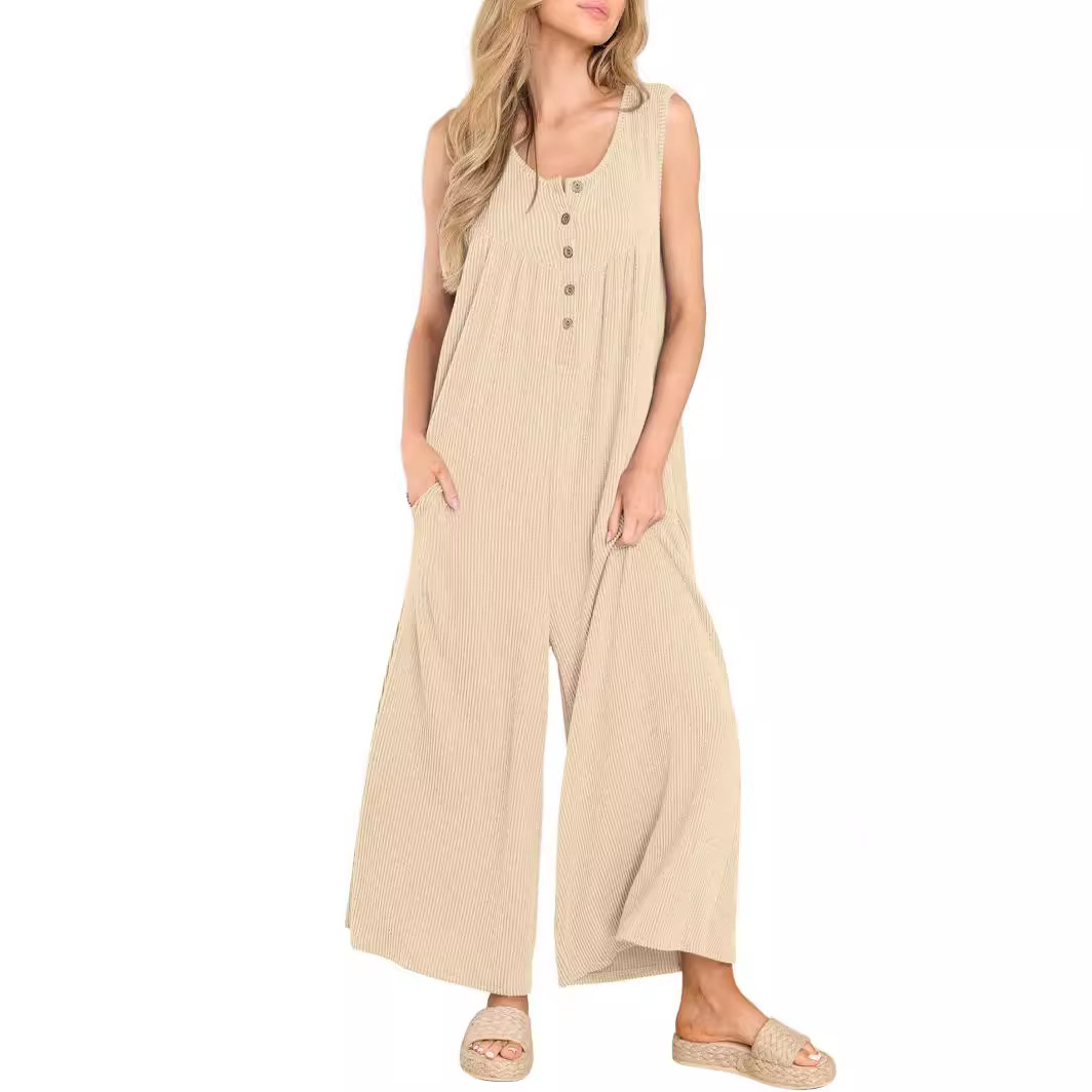Women's Sleeveless Pocket Jumpsuit Casual Straight Leg
