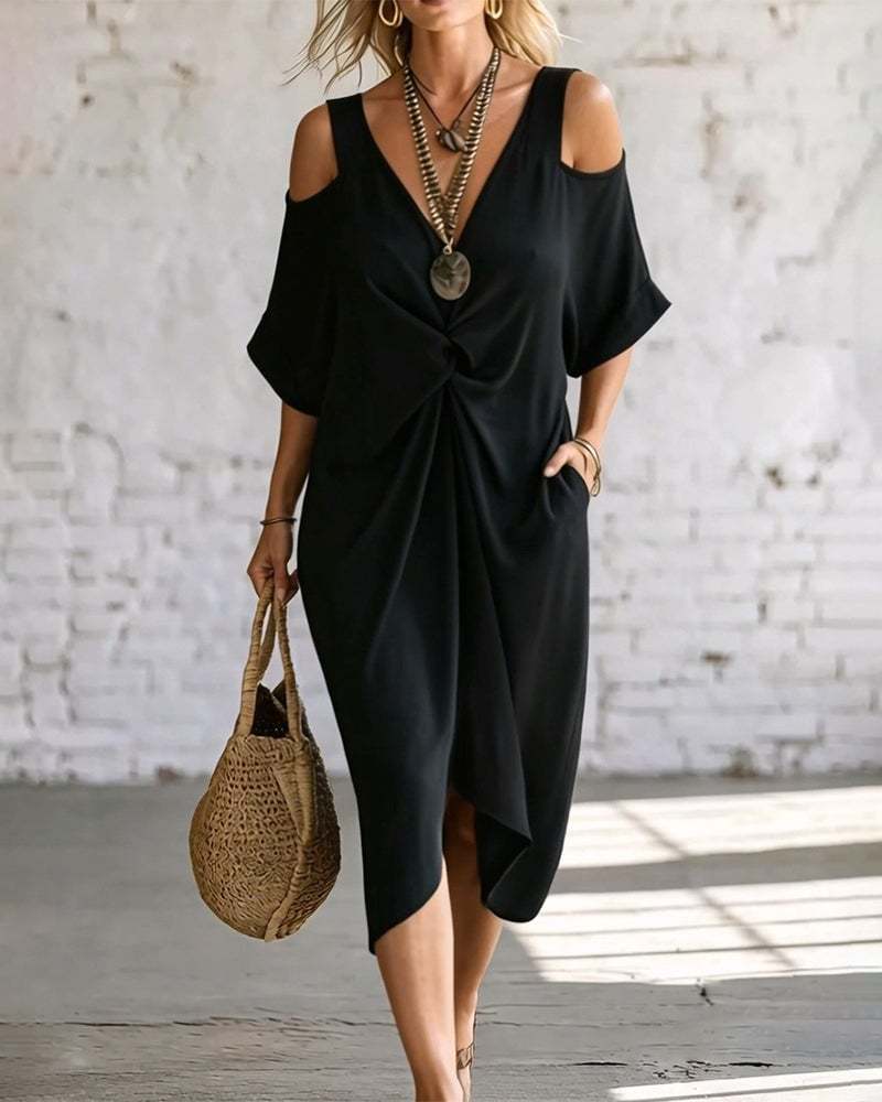 Off-Shoulder Short Sleeve V-Neck Loose Plus Size Pleated Dress