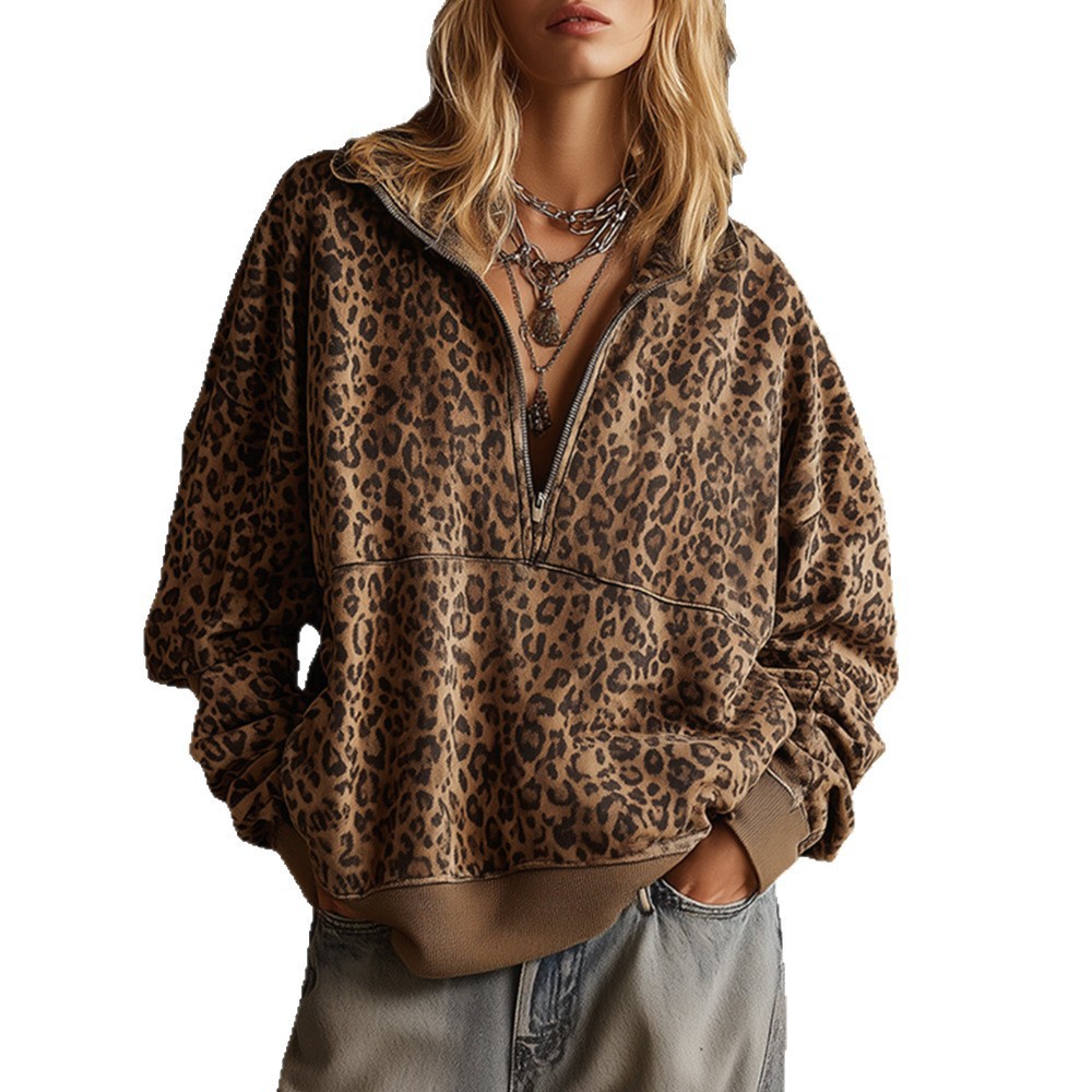 Women's Leopard Print Loose Zip-Up Collared Sweatshirt