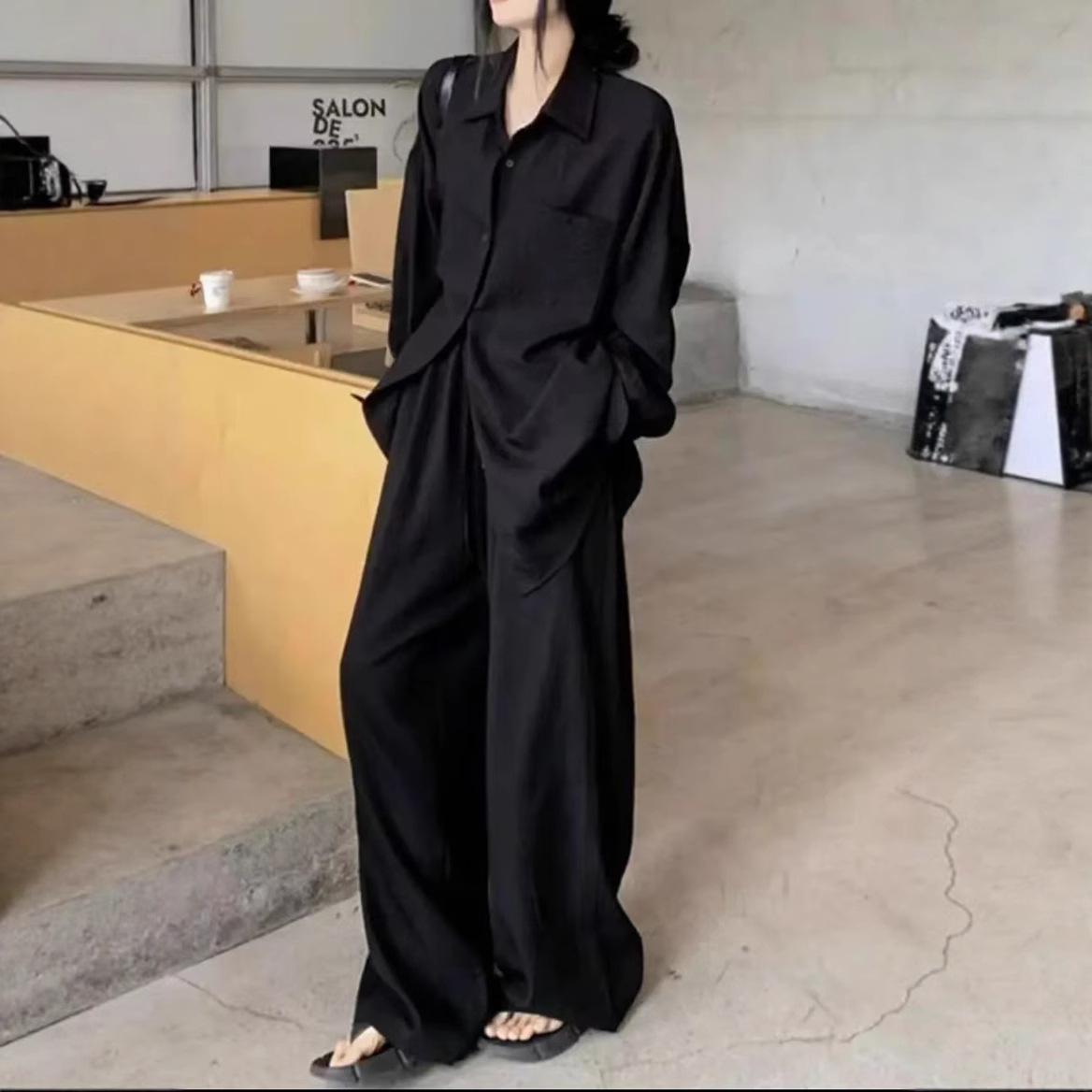 Women's Black Shirt & Wide-Leg Pants Set Casual Two-Piece