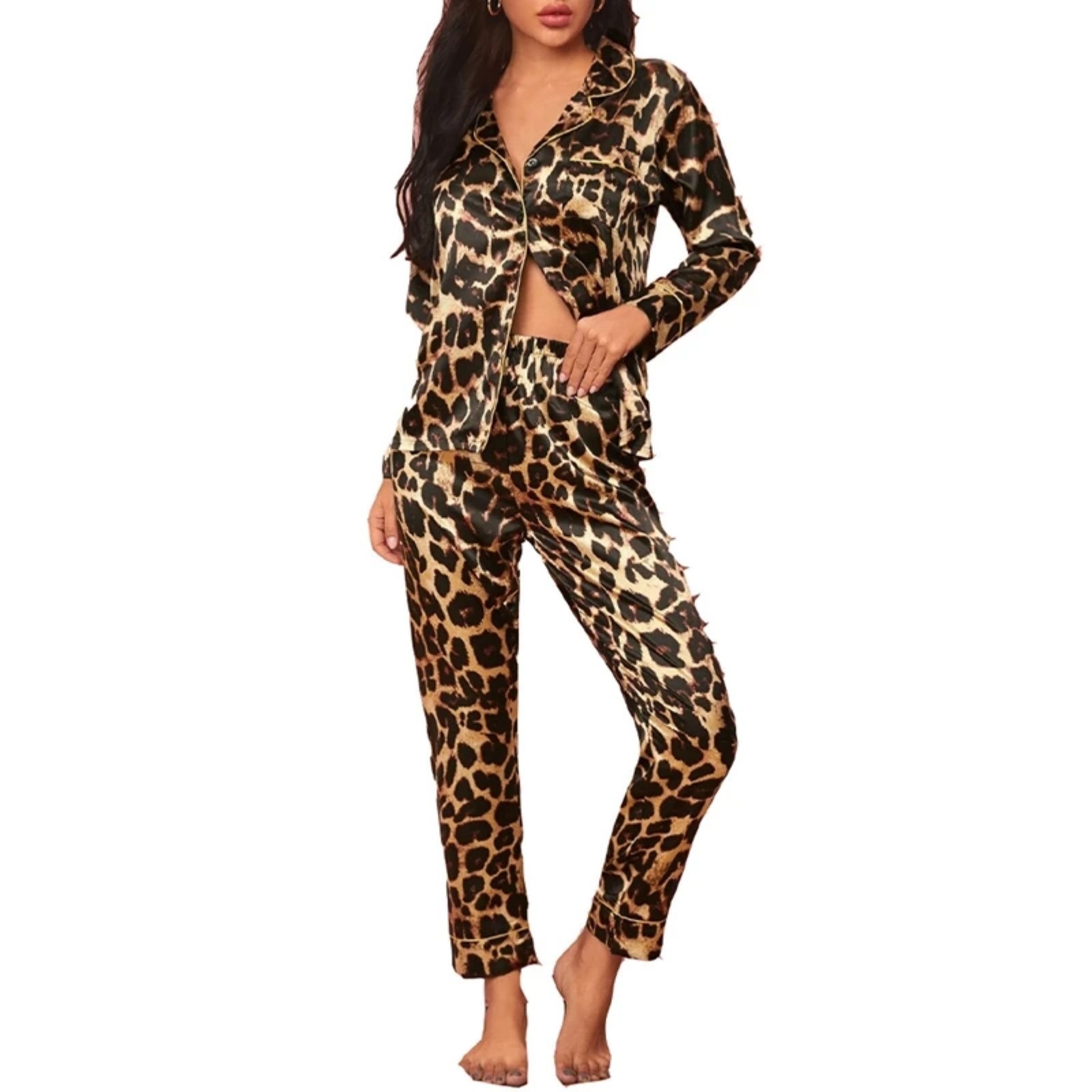 Women's Cuban Collar Polka Dot Leopard Moon Print Long Sleeve Loungewear Set