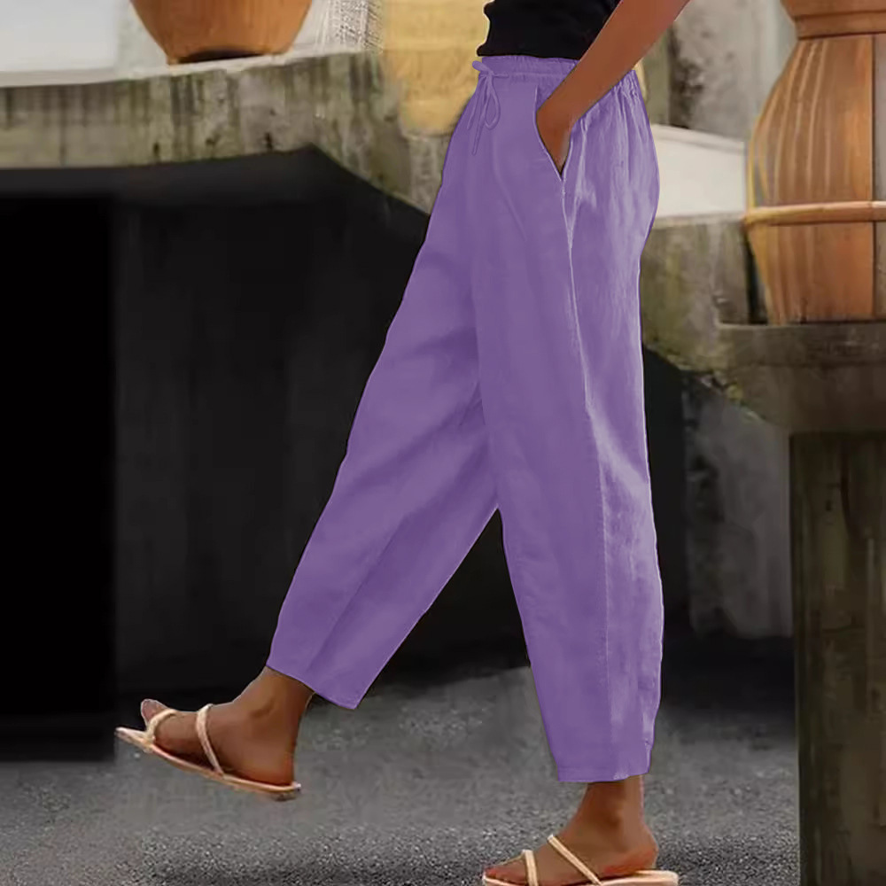 Women's Cotton Linen Straight-Leg Cropped Pants with Side Pockets and Drawstring