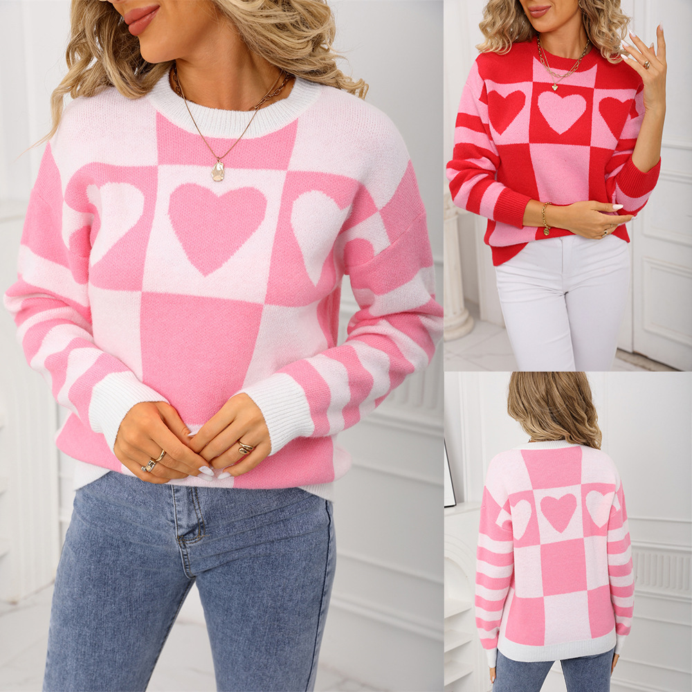 Colorblock Plaid Heart Pullover Sweater