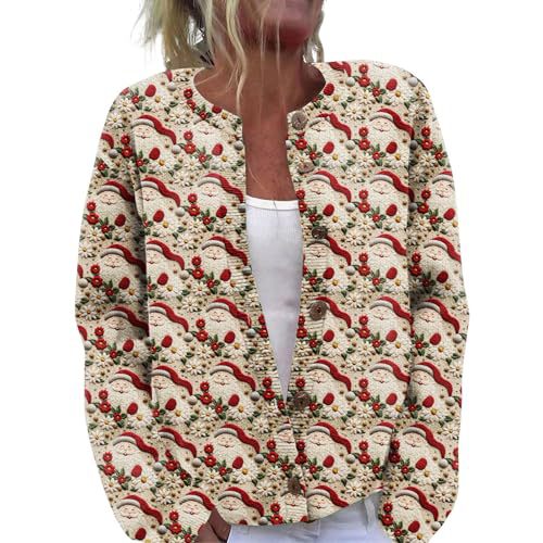 Women's Christmas Cardigan with Cartoon Star Santa Print and Buttons