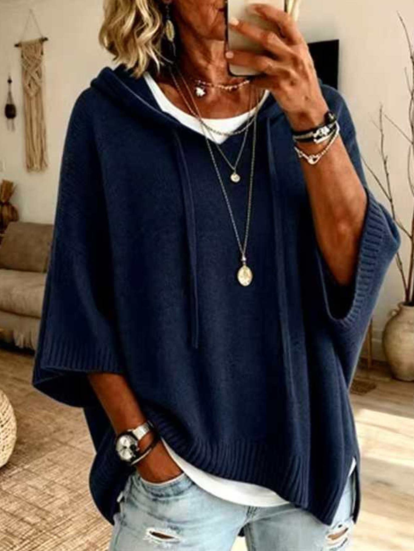 Women's Solid Hooded Knit Sweater Loose Fit Pullover