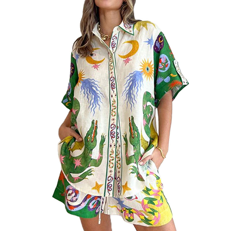 Women's Printed Three-Quarter Sleeve Shirt and Shorts Set Casual Commuter Outfit