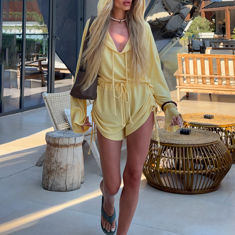 Solid Hooded Long-Sleeve Top & Shorts Set
