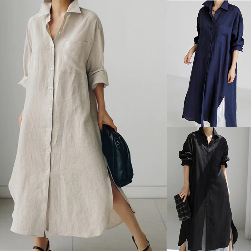 Cotton-Linen Button-Front Shirt Dress Long Asymmetrical Hem
