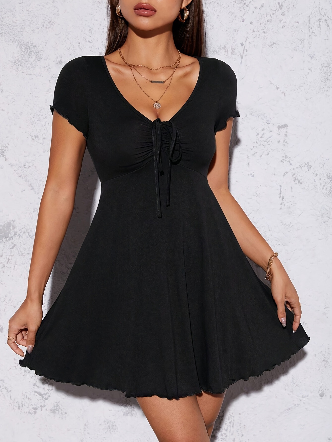 V-Neck Bow French Slimming Waist-Cinching Midi Dress