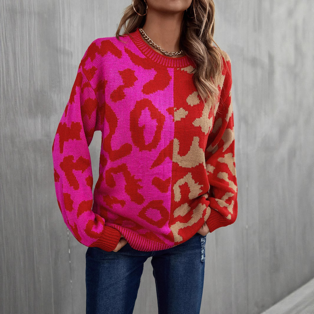 Leopard Print Mixed Knit Pullover Sweater