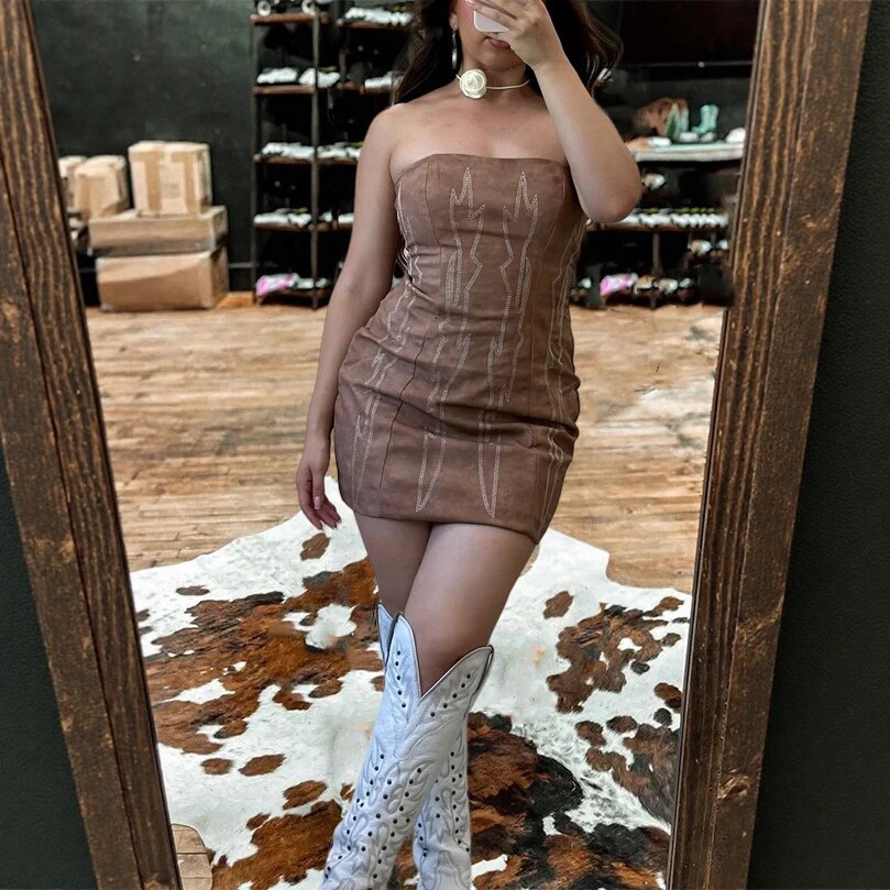 Faux Denim Print Strapless Bodycon Mini Dress