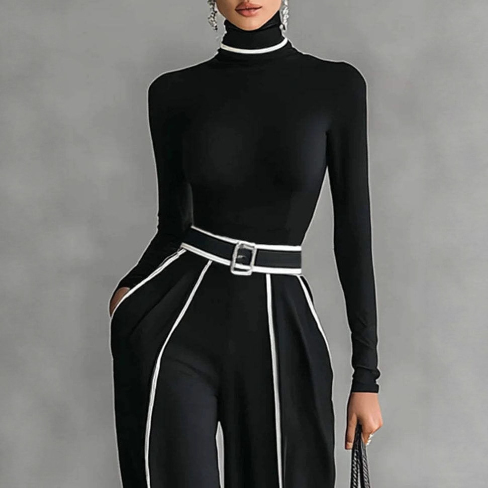 Women's Color-Block Stand-Collar Long-Sleeve Top and Wide-Leg Pants Set