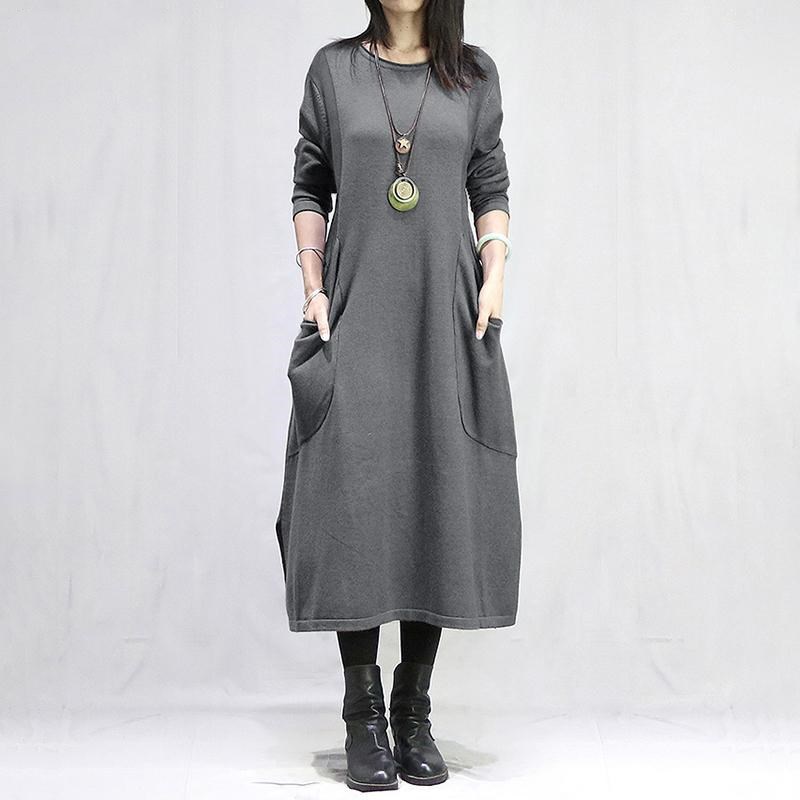 Women's O-Neck Long Sleeve Fleece Sweatshirt Dress Loose Solid Color Pullover