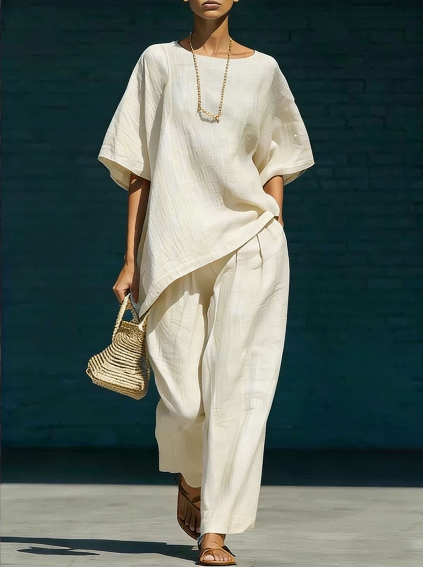 Women's Cotton-Linen Crew Neck Two-Piece Set Casual Urban Outfit