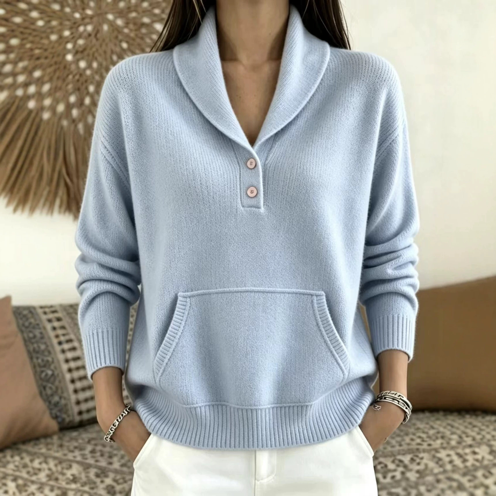 Suit-Collar Button Kangaroo Pocket Sweater for Women
