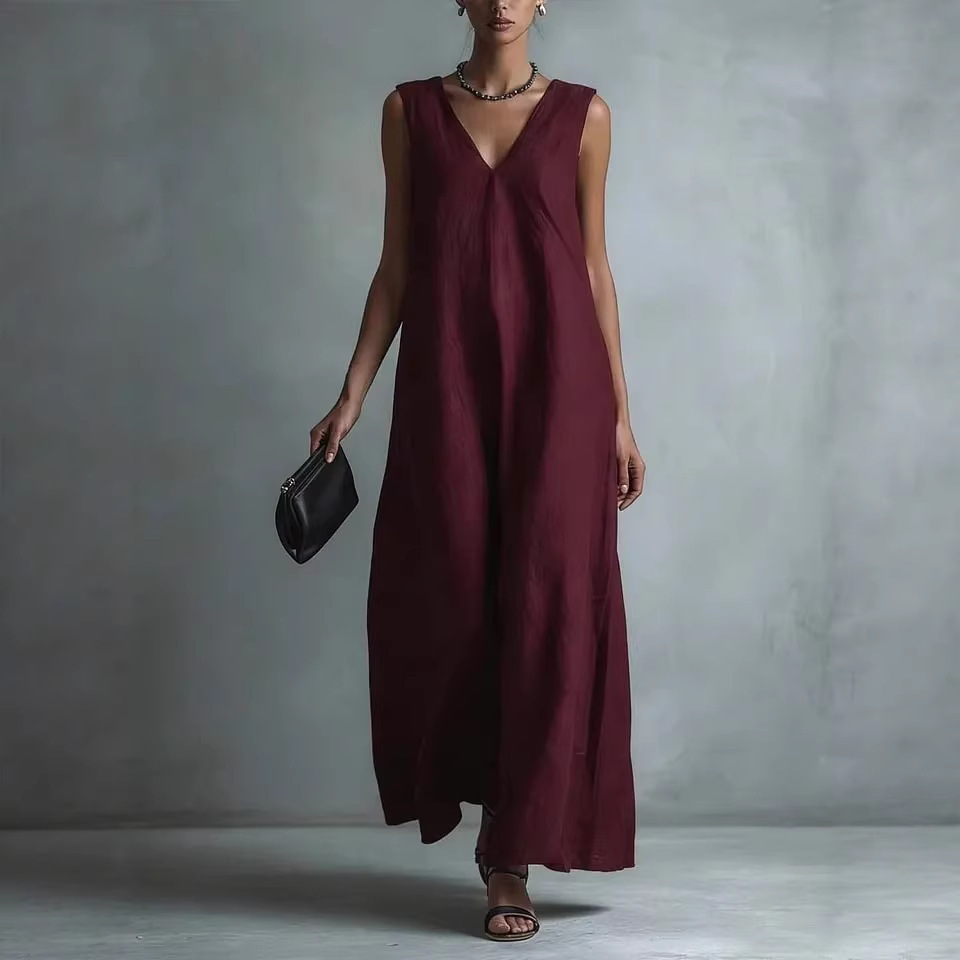 Women's V-Neck Sleeveless Linen-Look A-Line Midi Dress