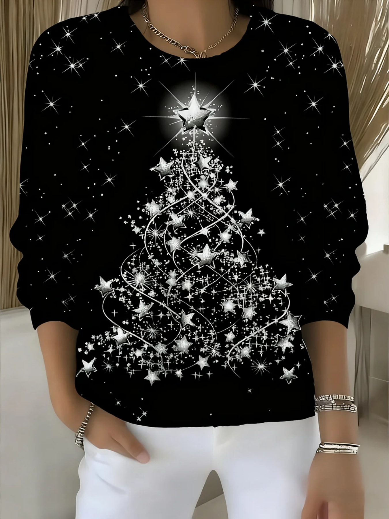 Christmas Star Tree Print Crewneck Long Sleeve Pullover Sweatshirt