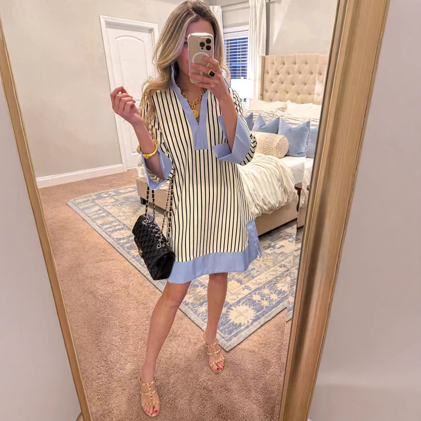 Women's Blue Striped Polo Neck A-Line Midi Dress Long Sleeve Colorblock