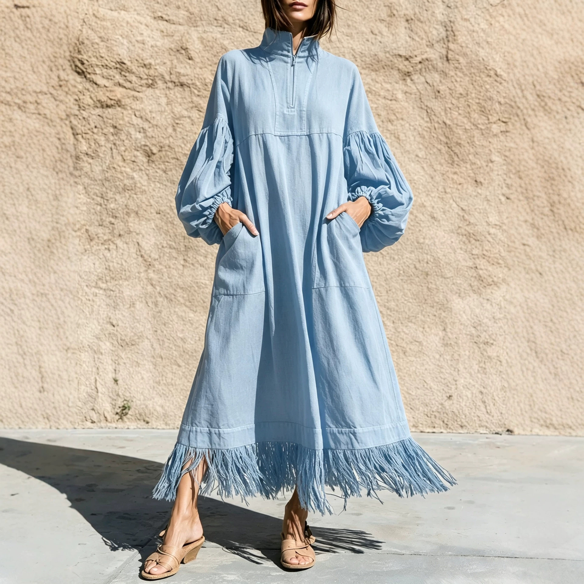 Women's Stand Collar Zip Lantern Sleeve Loose Dress with Fringe Hem