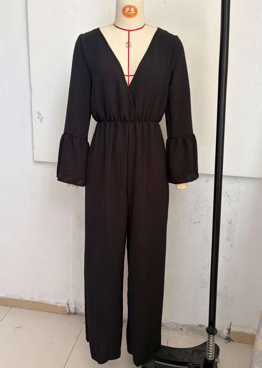 Bohemian V-Neck Wide-Leg Jumpsuit Women Long Sleeve