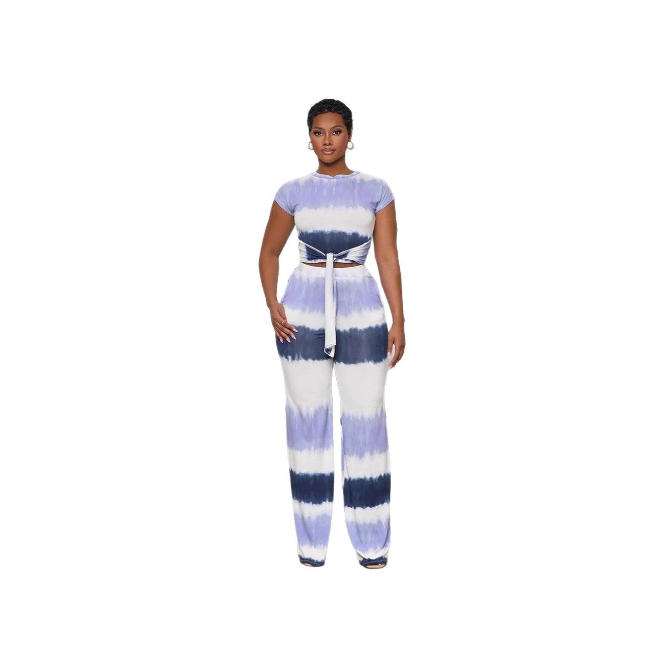 Women's Tie-Front Cutout Straight-Leg Gradient Pants Set