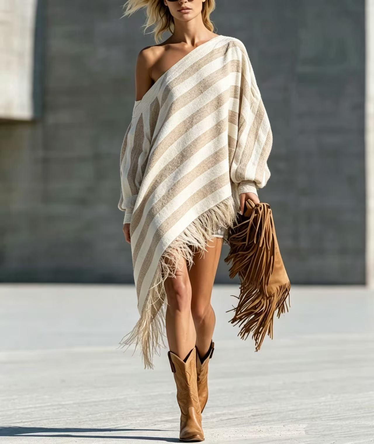 Retro One-Shoulder Striped Fringe Irregular Lantern Sleeve Loose Vacation Dress