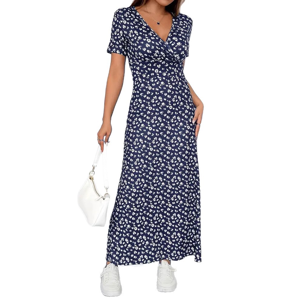 Women's Floral V-Neck Short Sleeve High Waist Midi Dress