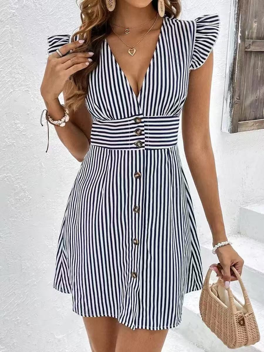 Striped Print V-Neck Flutter Sleeve A-Line Dress