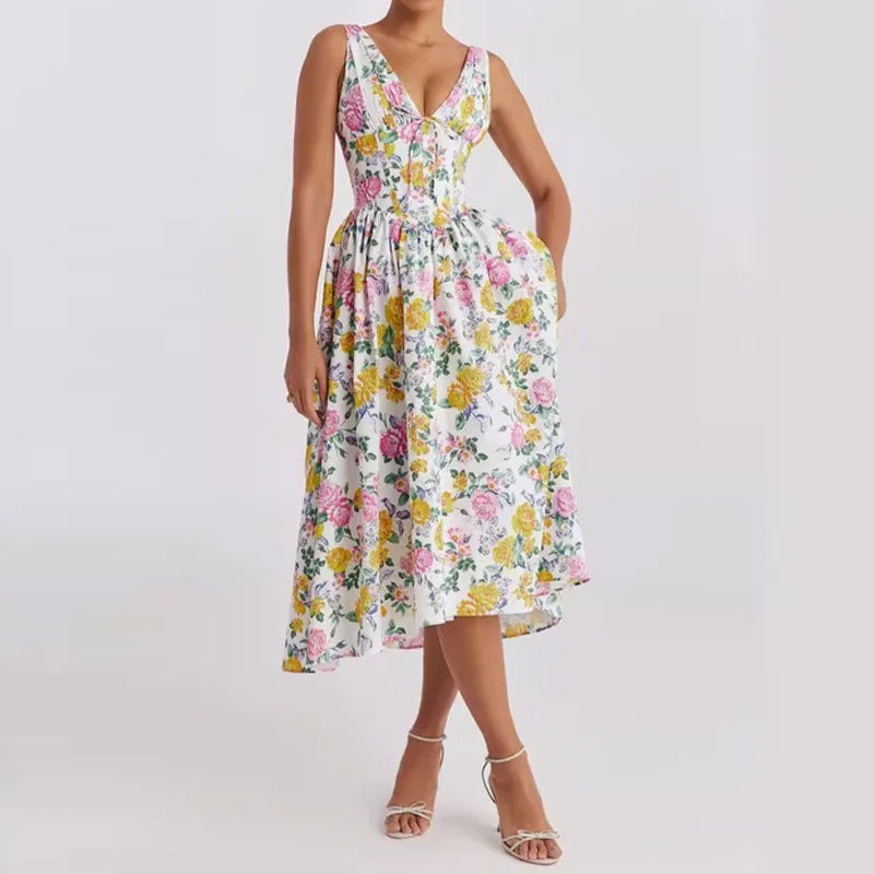 Elegant Open-Back Floral Print High-Waist Long Dress
