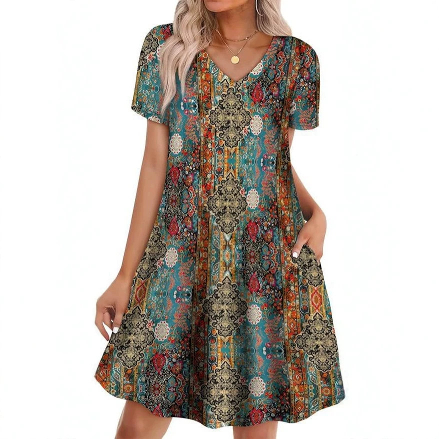 Women's Casual Loose A-Line Midi Dress with Ruffle Neck and Puff Sleeves, Floral Print Beach Vacation Dress