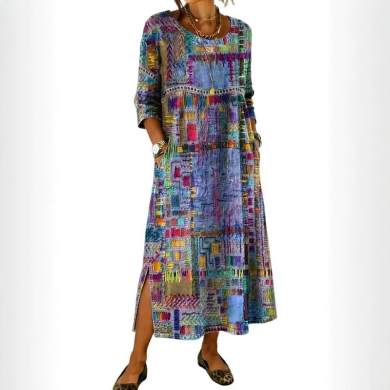 Women's Boho Novelty Print A-Line Midi Dress Long Sleeve
