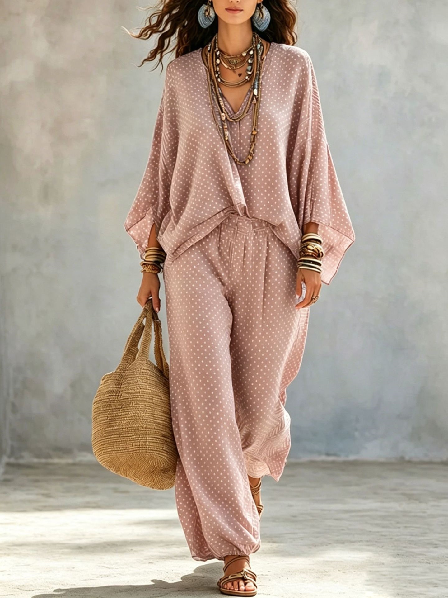 Women's Vintage Print Batwing Sleeve Top and Jogger Pants Set