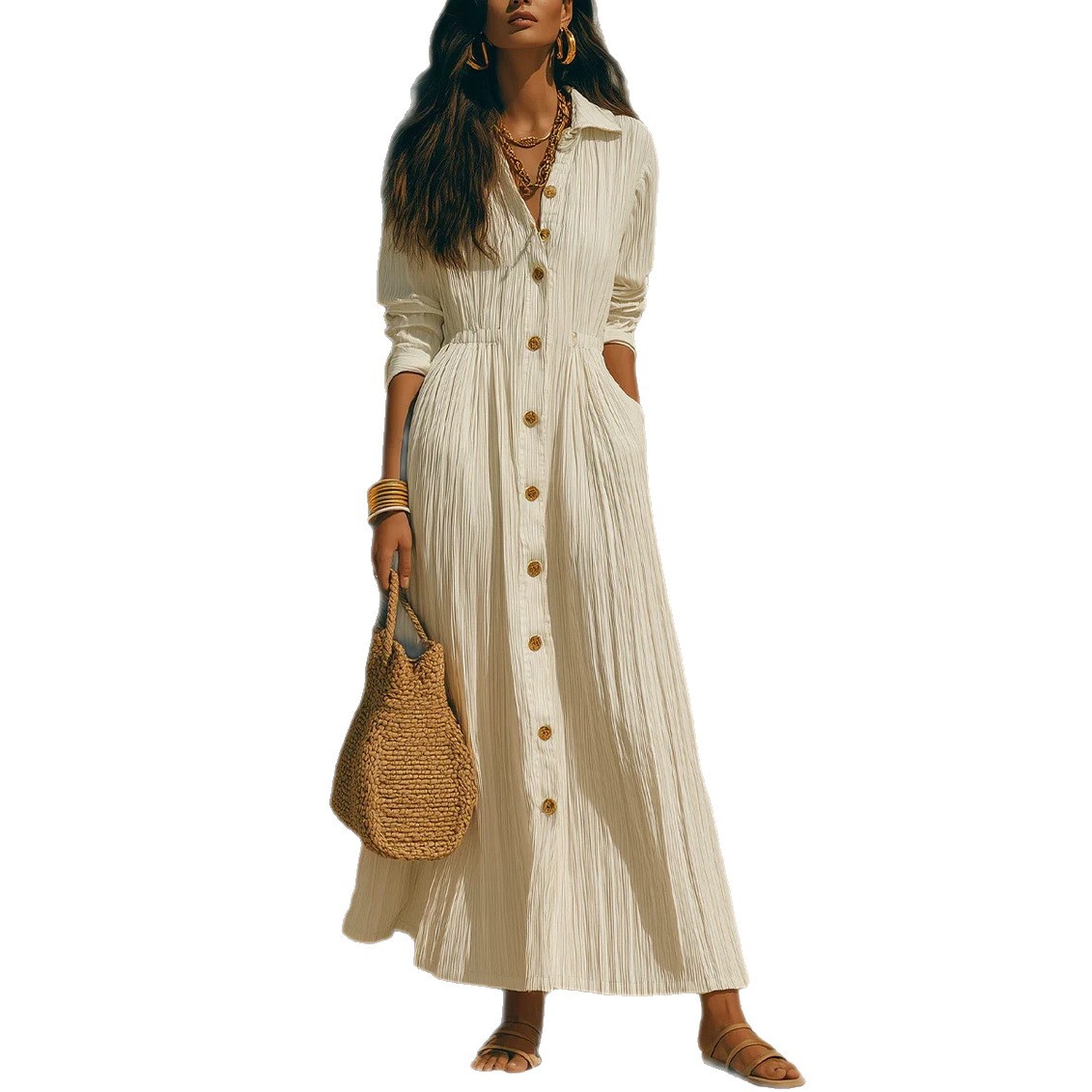 Women's Collared Button-Front Pleated Long Sleeve A-Line Shirt Dress
