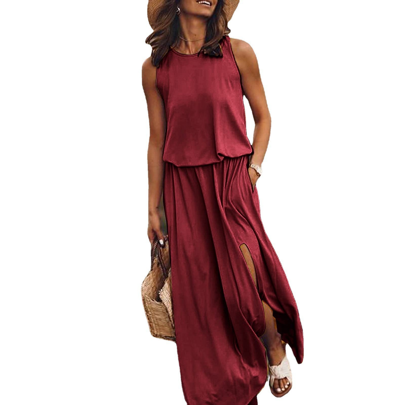 Women's Sleeveless Round Neck Split Long Dress Solid Color