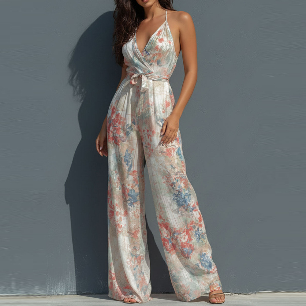 Women's Floral Print Deep V-Neck Backless Sleeveless Jumpsuit