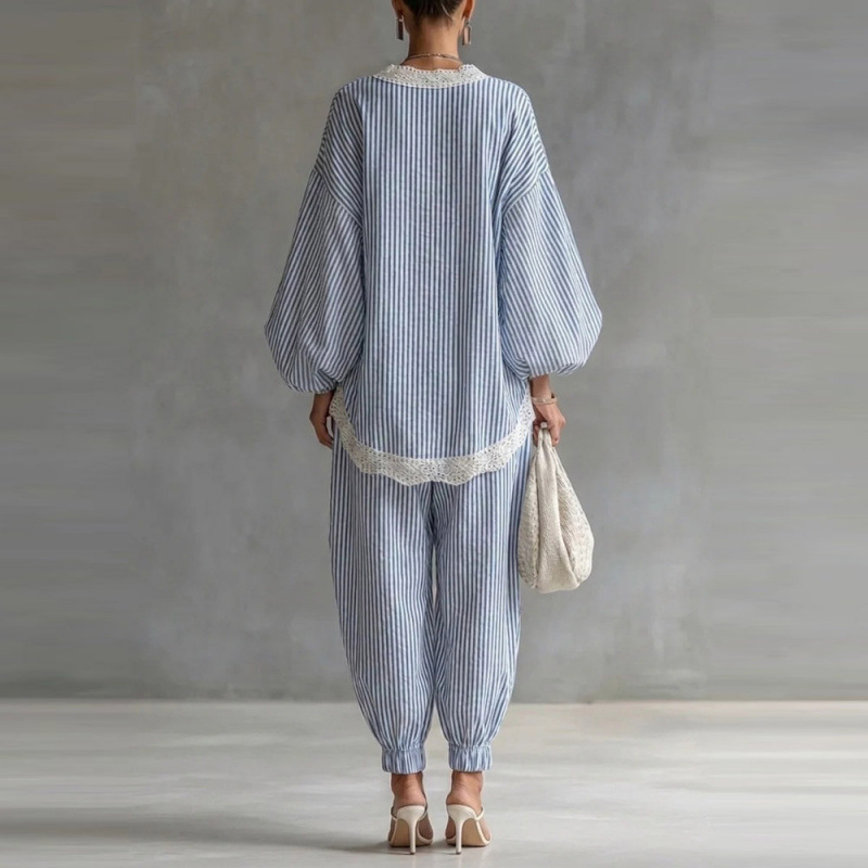 Blue & White Striped Lace Trim Loose Two-Piece Set with Long Sleeve Top and Wide-Leg Pants